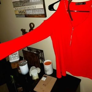 Women's Sexy Red Cold Shoulder Zip Shirt L XL